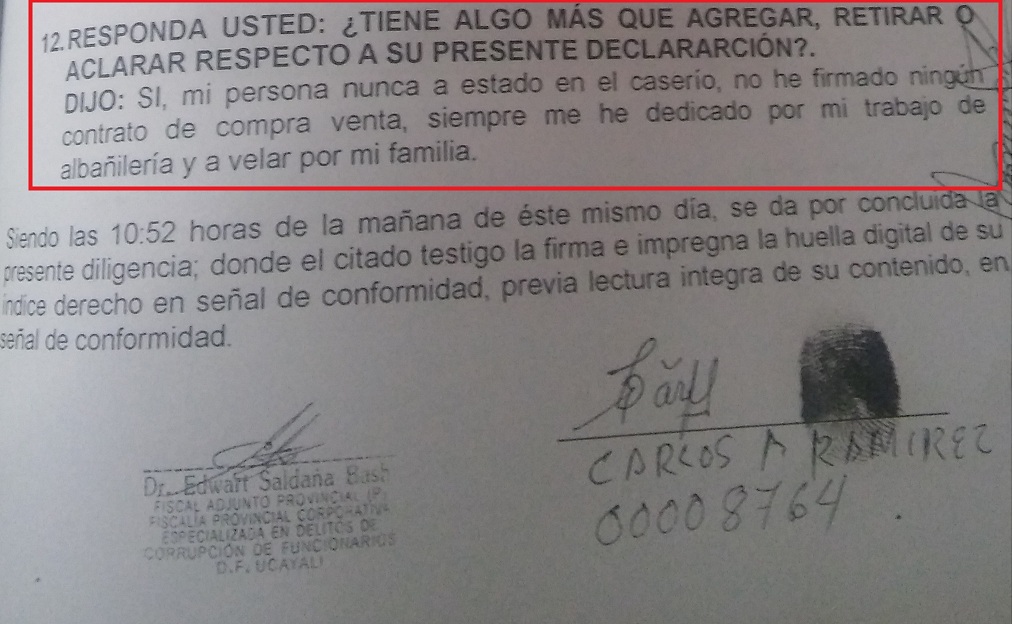 Declaración fiscal de Carlos Ramírez en la que niega haber adquirido tierras en Bajo Rayal.